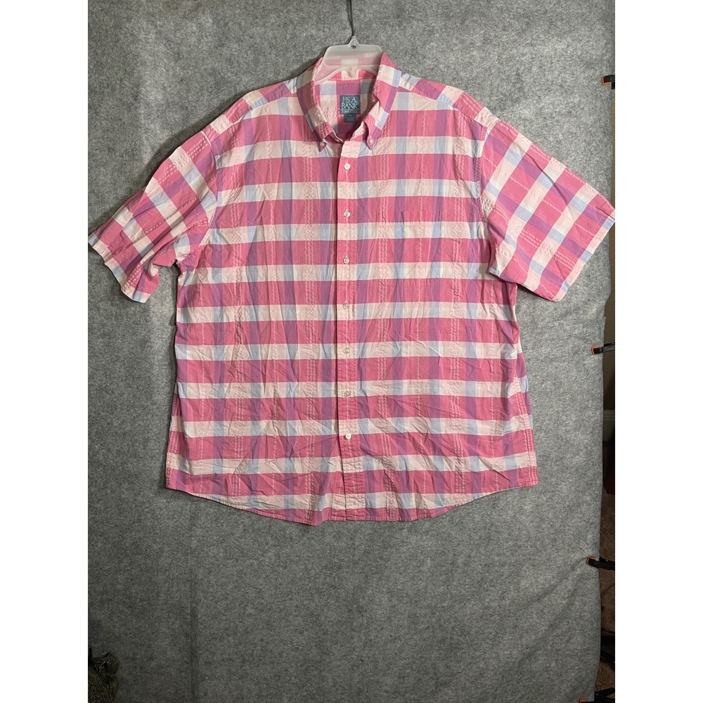 Jos. A. Bank Stays Cool Mens XXL Pink Purple Plaid Cotton Short Sleeve Shirt